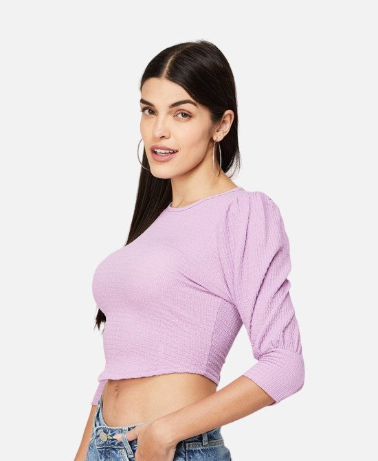 Textured Top With Cuffed Sleeves Relaxed Fit Top