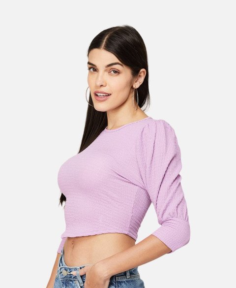 Textured Top With Cuffed Sleeves Relaxed Fit Top
