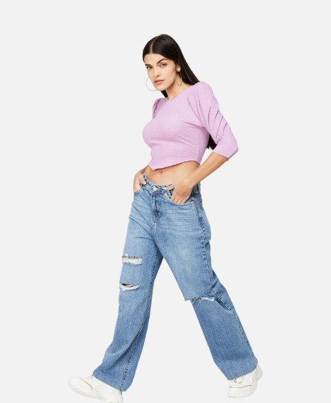 Textured Top With Cuffed Sleeves Relaxed Fit Top