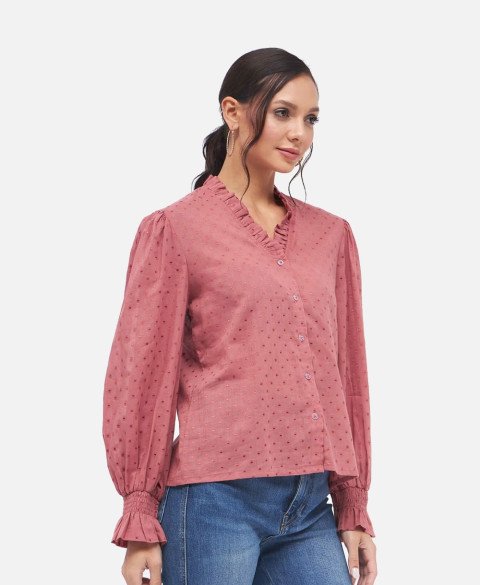 Womens Self Design Long Sleeve Neck Top