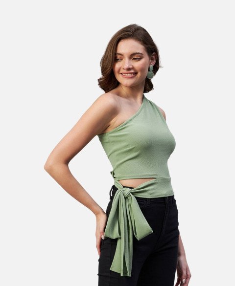 Pista Green Colour One Shoulder Solid Top