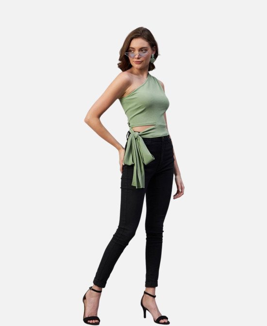 Pista Green Colour One Shoulder Solid Top